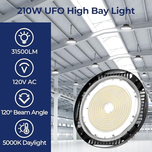 CINOTON 210W UFO LED High Bay Light, Aluminum LED Shop Lights with 31500LM, 5000K Commercial Bay Lighting for Warehouse Garage Workshop Factory, 6' Cable & Safety Rope, ETL Listed 2 Pack - Image 2