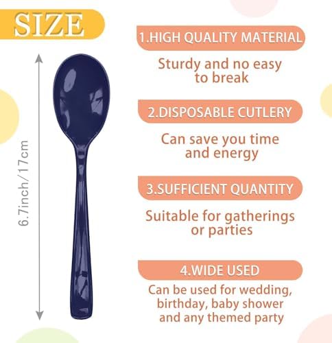 SietDESEO 50 PCS Navy Blue Plastic Spoons Disposable Utensils Heavy Duty Navy Blue Spoons Disposable Cutlery for Birthday Wedding Baby Shower Bridal Shower Plastic Silverware - Image 3