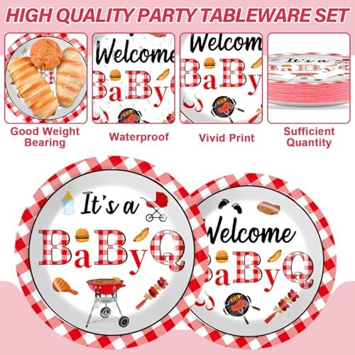 96PCS BabyQ Party Paper Plates and Napkins BBQ Themed Baby Shower Party Decoration Barbecue Tableware Set Disposable BBQ Supplies for Gender Reveal Summer Picnic BabyQ Birthday Gatherings Decorations - Image 3