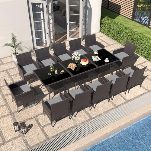 Gotland 15 Piece Outdoor Dining Set, All-Weather Rattan Patio Furniture Set with Umbrella Hole Tempered Glass Square Table, Outdoor Table and Chairs with Removable Cushions for Backyard, Deck Grey by Gotland