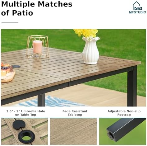 MFSTUDIO Outdoor Dining Table for 6, Brown Metal Table w/Umbrella Hole - Image 4