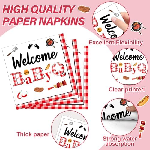 96PCS BabyQ Party Paper Plates and Napkins BBQ Themed Baby Shower Party Decoration Barbecue Tableware Set Disposable BBQ Supplies for Gender Reveal Summer Picnic BabyQ Birthday Gatherings Decorations - Image 4