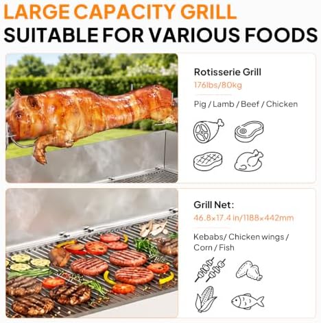 ROVSUN 46" Rotisserie Grill Kit, Pig Lamb Spit Roaster Stand Electric Rotisserie Grill 176 Lbs Capacity w/Wind Baffle Lockable Wheels Adjustable Height, BBQ Spit Rod for Outdoor Party Camping - Image 7