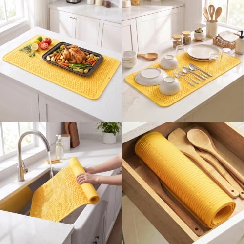 MicoYang Silicone Dish Drying Mat for Multiple Usage,Easy clean,Eco-friendly,Heat-resistant Silicone Mat for Kitchen Counter or Sink,Refrigerator or Drawer Liner Yellow 5XL 36inches x 18inches - Image 4