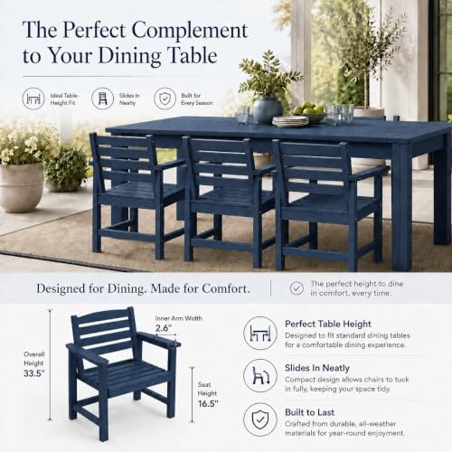 Patio Dining Chairs Set of 2, All-Weather HDPE Outdoor Dining Chair with High Back, Stackable Heavy Duty 400 lbs Lawn Armchair for Backyard Deck Porch Table, Navy Blue - Image 2