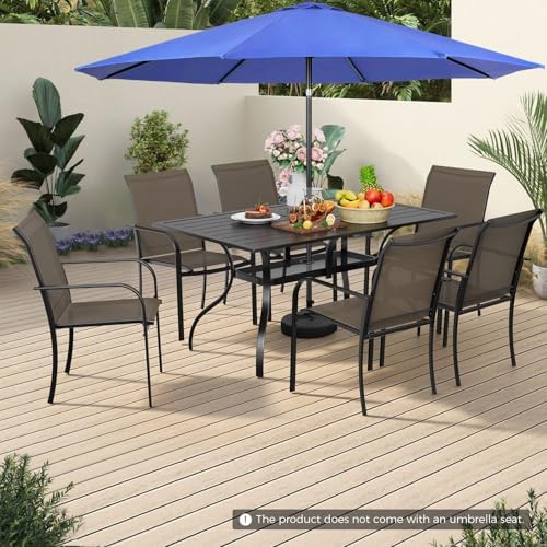 Incbruce 8 Pieces Patio Dining Set with Dark Blue Umbrella, Outdoor Dining Set of 6 Textilene Chairs and Rectangle Table with Umbrella Hole for Backyard, Garden, and Poolside (Brown) - Image 2