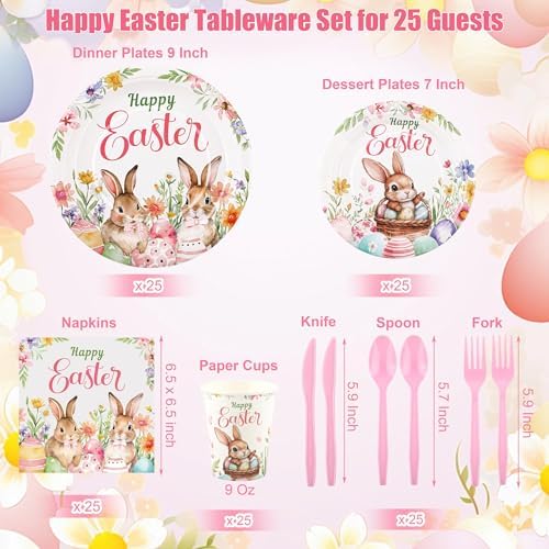 Kochorie 175 Pieces Easter Paper Plates and Napkins Disposable Colorful Eggs Easter Bunny Flower Tableware Set 7 Inch & 9 Inch Plates Napkins Cups Cutlery for Spring Holiday Party Decor, Serve 25 - Image 2
