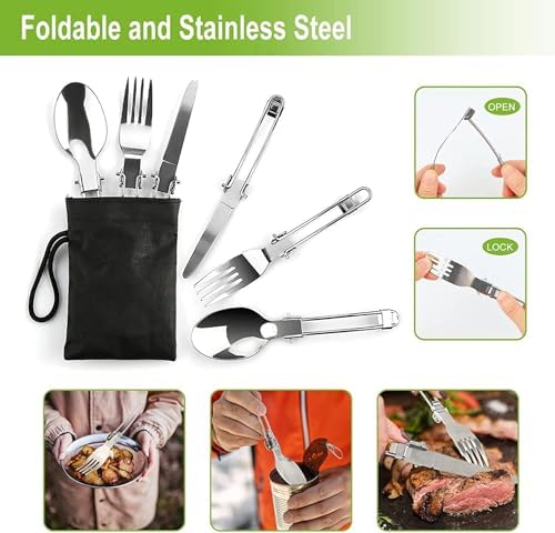Camping Cooking Set Camping Cookware Outdoor Aluminum Mess Kit with Frying Pan, Pot with Lid, 1.2L Kettle Set and 2 Stainless Steel Plate, 2 Folding Cups and 2 Set Knives Spoons for Backpacking Picnic - Image 5