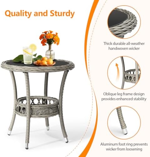 VINGLI Outdoor Wicker Side Table, Patio Side Tables for Outside Tempered Glass Top Wicker Table with Storage End Table for Balcony Porch Deck (Grey) - Image 5