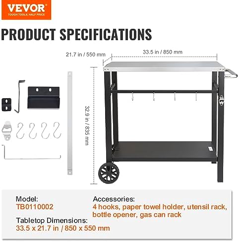 VEVOR Outdoor Grill Cart with Double-Shelf, BBQ Movable Food Prep Table with PVC Placemat, Black Iron Table Top, Portable Modular Carts for Pizza Oven, Worktable with 2 Wheels, Carry Handle - Image 7
