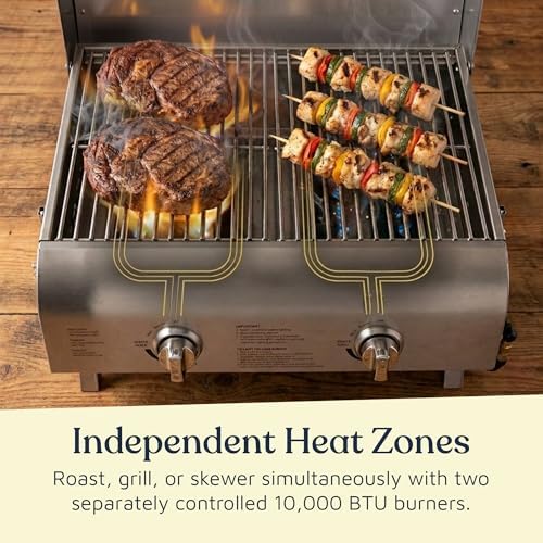 Lifemaster Portable Stainless Steel Gas Grill - 2 Burners Easy Clean Tabletop BBQ Propane Gas Grill with Foldable Legs and Wind Proof Lid for Camping and Outdoor - Silver - Image 5