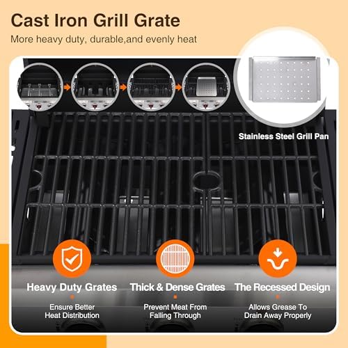3-Burner Propane Gas Grill with Cast Iron Grates, 38200 BTU output,Foldable Side Shelves for Portable Outdoor Patio Camping, Black (3 Burner) - Image 4