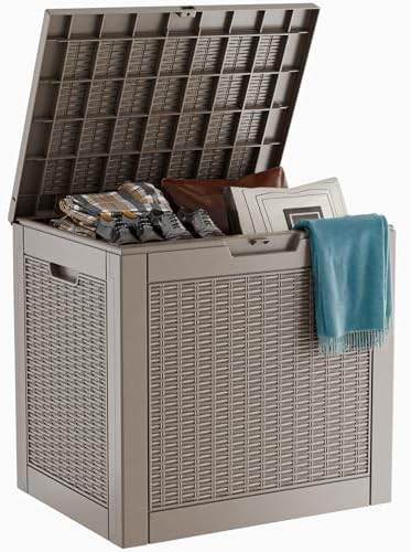 PatioZen 31 Gallon Wicker Pattern Resin Deck Box, Lockable Patio Outdoor Storage Box for Furniture, Garden Tools and Tools Storage, Waterproof Outside Storage Box (Grey) by OutdoorLivingPerfected