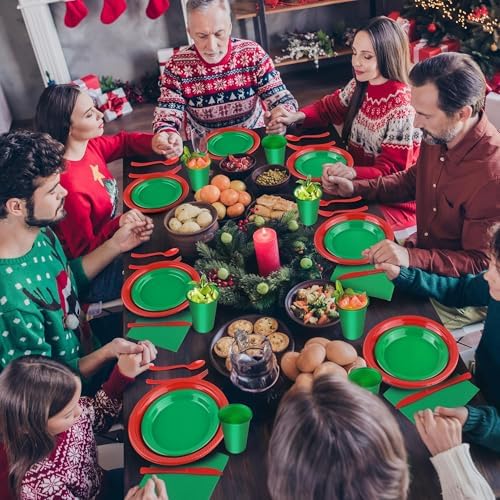 Kochorie 240 Pieces Christmas Plastic Dinnerware Set Disposable Heavy Duty Plates Napkins Cups Silverware Dessert Dinner Plates for Birthday Wedding Party Supplies, Serves 30 Guests, Red and Green - Image 6