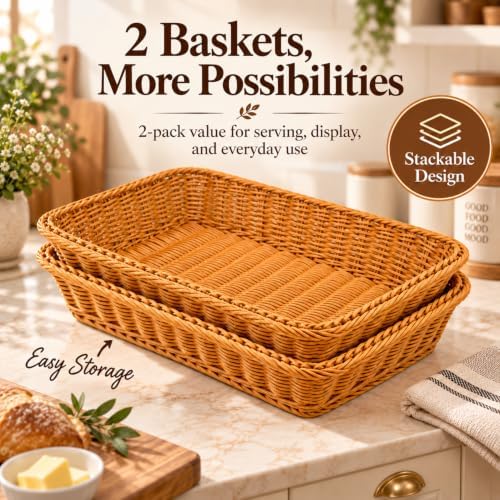 2 Pack Wicker Bread Baskets, 17.7 Inch Rectangular Serving Trays - Image 4