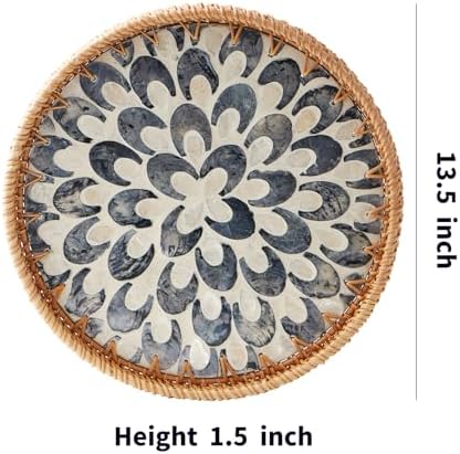 Round Rattan Tray with Mother of Pearl Inlay, Rattan Serving Tray with Wooden Base, Decorative Wicker Basket for Table Decor, Storage and Display of Coffee Bread Food Fruit (Plume 13.5") - Image 7