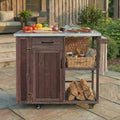 Outdoor Kitchen Island Cart with Stainless Steel Top, Rolling Grill Table with Storage Cabinet Drawer Shelves & Towel Rack, Wooden BBQ Prep Station with Lockable Wheels for Patio Backyard, Dark Brown by GDFStudio