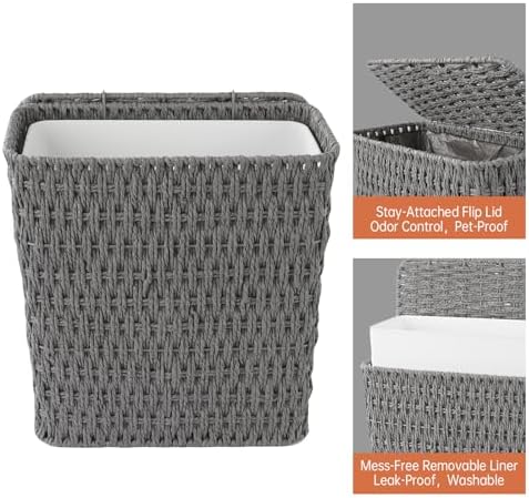 Coeusy 3 Gallon Paper Rope Bathroom Trash Can,Small Wicker Trash Cans with Lid and Liner,Woven Rattan Narrow Waste Basket for Bedroom,Office,Grey - Image 6