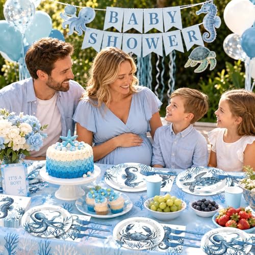 96PCS Summer Ocean Animal Party Paper Plates and Napkins Set for Under the Sea Party Paper Plates Underwater Creature Disposable Decor Sea Parties Set for Kids Birthday Gatherings Decorations - Image 5
