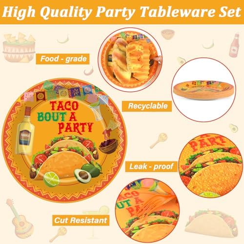 ZOiiWA 100 Pcs Let's Taco Bout A Party Supplies Tableware Set Mexican Fiesta Party Dinnerware Set Mexican Tacos Party Paper Plates Napkins Forks for Taco Party Supplies Birthday Serves 25 Guests - Image 4