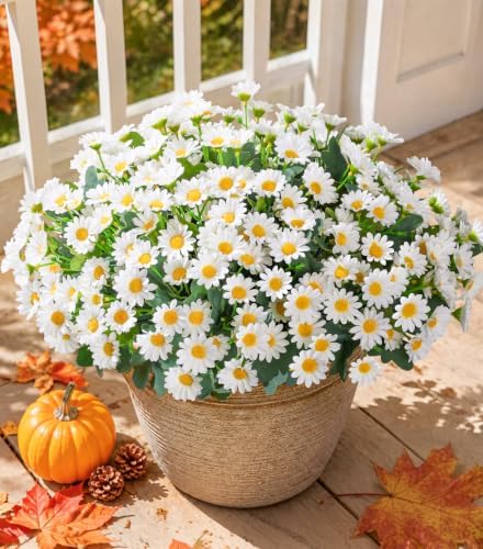 Daisy Artificial Flowers for Outdoors Autumn Fall Decoration, 6 Bundles Fake Mums White Silk Flowers for Outside Look Real UV Resistant Faux Flowers Plants for Planter Front Door Home Indoor Porch Urn - Image 3