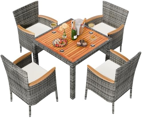 Shintenchi 5 Piece Patio Dining Set, Wicker Patio Conversation Set with Wooden Table Top, Outdoor Table and Chairs with Soft Cushions for Backyard, Deck and Garden, Grey Wicker by Shintenchi%7CFurnitureMadeforRealLife