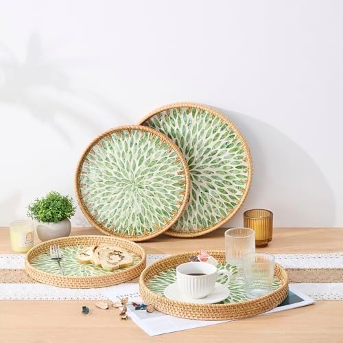 Round Rattan Tray with Mother of Pearl Inlay, Rattan Serving Tray with Wooden Base, Decorative Wicker Basket for Table Decor, Storage and Display of Coffee Bread Food Fruit (Leaf 13.5") - Image 5