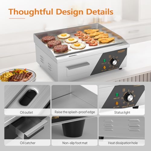 ROVSUN 18" Electric Countertop Flat Top Griddle, 1500W Electric Griddle, Teppanyaki Grill Stainless Steel with Adjustable Temperature Control 122°F-572°F for Commercial Home Restaurant, Plug - Image 4