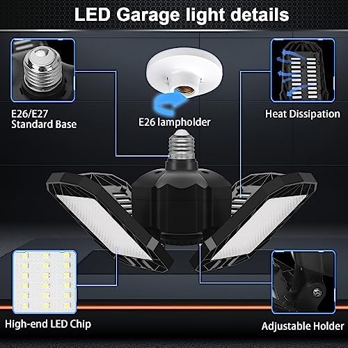 4 Pack LED Garage Light, 150W 15000LM 6500K LED Shop Lights, Garage Lights Ceiling Led with 4 Deformable Panels, Screw in E26/E27 Bulb Socket for Warehouse, Basement, Attic, Barn, High Bay Lighting - Image 2