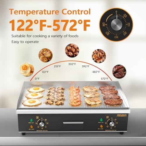 ROVSUN 26" Electric Griddle, Electric Countertop Half Flat Top Griddle, 3200W Grill Stainless Steel with Adjustable Temperature Control 122°F-572°F for Commercial Home Restaurant, Plug - Image 2