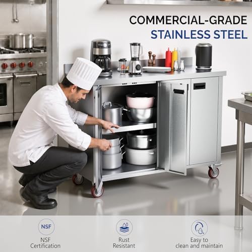 ROVSUN Stainless Steel Table with Cabinet & Wheels 47" x 19"，Commercial Pre Table with Backsplash, Heavy Duty Work Table with 4 Doors, Large Space Storage for Kitchen Restaurant Hotel Garage - Image 4