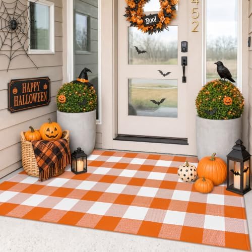 IOHOUZE Fall Buffalo Plaid Outdoor Rug 3x5, Washable, Orange White by iOhouze
