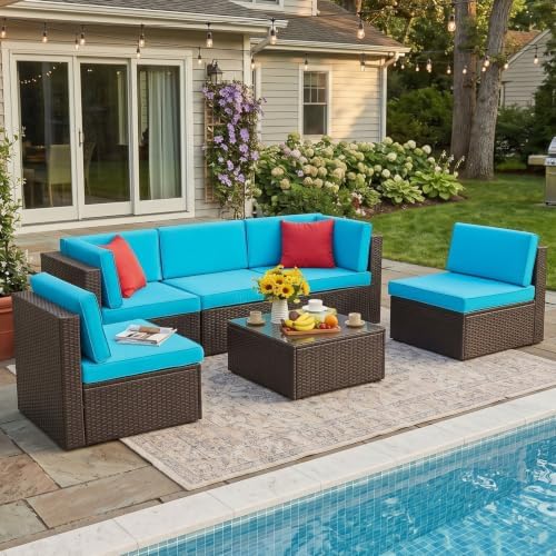 Vongrasig 6 Piece Small Patio Furniture Sets, Outdoor Sectional Sofa, Blue - Image 2