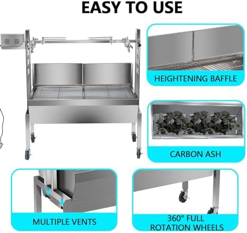 36" BBQ Pig & Lamb Spit Roaster, 40W Electric Rotisserie Grill Kit with 145 LBS Load Capacity, Stainless Steel Charcoal Spit Grill with Adjustable Height & Casters for Outdoor Camping Party - Image 6