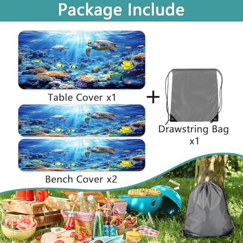 Picnic Table Cover with Bench Covers, Camping Essentials, Ocean Underwater World Table Cover, Fitted Camping Tablecloth Windproof Waterproof with Elastic Edge for Indoor Outdoor Patio 3PCS 30x72 Inch - Image 7