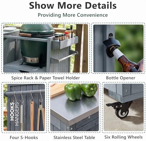 Merax 80.5" Outdoor Kitchen Island for Big Green Egg& Blackstone Griddle,Solid Wood Grill Cart Table with Stainless Steel Top,Drawer for Large Big Green Egg and 21"/28" Blackstone Griddle,Grey Blue - Image 3