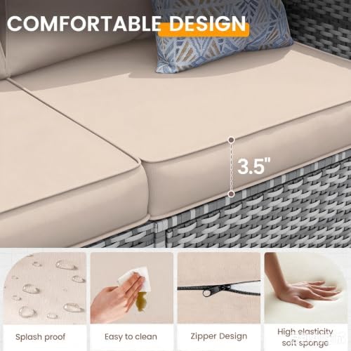 UDPATIO Outdoor Patio Furniture Set 7 Pcs Wicker Sectional Sofa Beige - Image 3