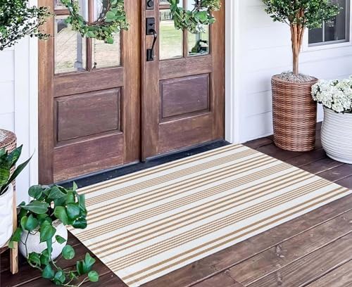 Khaki and White Striped Outdoor Rug 24"x51" Fall Washable Front Porch Rug by BUAGETUP