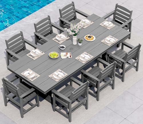 SERWALL 9Pcs 84" HDPE Outdoor Dining Set for 8 with Armchairs,Gray by SERWALL
