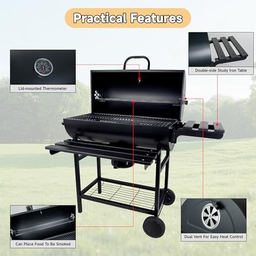 27" Large Charcoal Grill with Lid, Outdoor BBQ Grill with Thermometer, Side Shelves, Wheels & Ash Catcher, Barrel Smoker for Backyard Cooking - Image 3