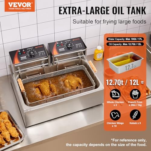 VEVOR Commercial Deep Fryer, 3000W Electric Turkey Fryer with 3 Removable Baskets, Large Capacity 18Qt / 17L Stainless Steel Countertop Single Oil Fryer, for Kitchen Restaurant Use, Silver - Image 2