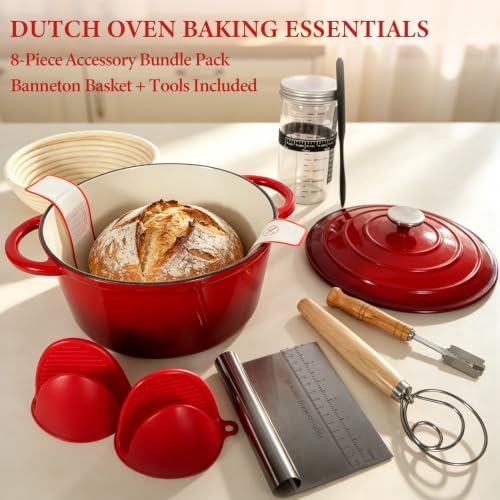 Enameled Cast Iron Dutch Oven 6QT with Lid-Banneton Basket Dough Tools - Image 4