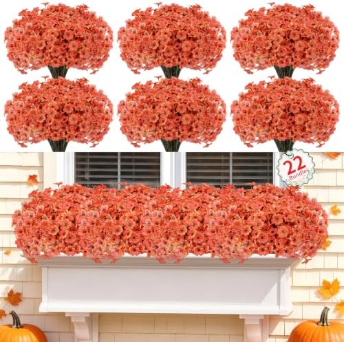 Powbrace 22 Pack Artificial Fall Flowers Mums for Outdoor Indoor(Orange) by PowbraceArtificialFlowers