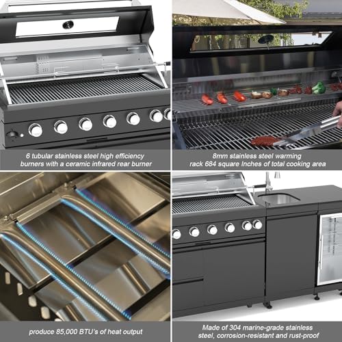 Outdoor Kitchen Island, 82 Inch 6 Burner Propane Gas Grill Combination With Refrigerator and Sink, Outdoor Stainless Steel Barbecue Bar, 85000 BTU Propane Grill for Patios, Gardens, Parties - Image 4