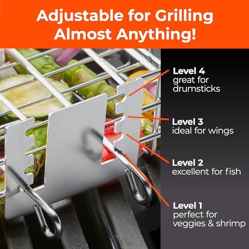 Adjustable Grill Basket with Removable Handle – 4 Height Levels for Vegetables, Meat, Fish & More – Locking Lid - Basting Brush, Scrub Sponge & Storage Bag for Outdoor Cooking - Image 2