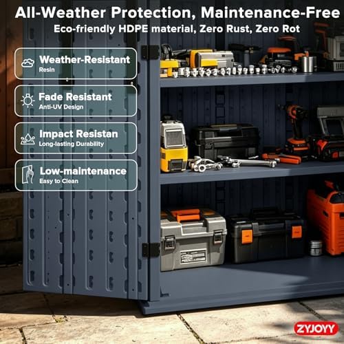 ZYJOYY Outdoor Storage Cabinet with 4 Shelves, 31.5" x 23.23" x 66.22" Grey Waterproof Resin Vertical Tool Shed, Lockable 30 cu.ft. Storage Shed for Patio, Garden, Yard - Image 4