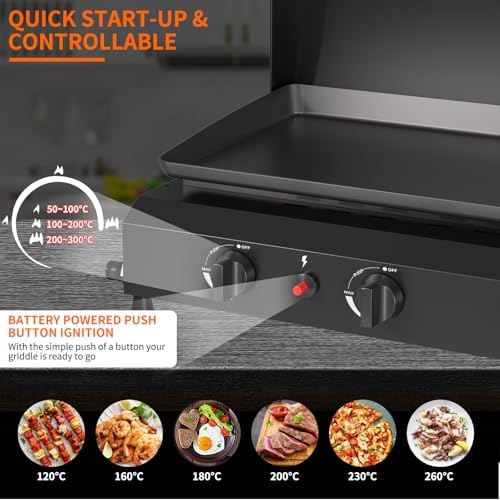 SKOK 23.3 Inch Flat Top Grill, Gas Griddle with Hood, Portable Tabletop Propane Gas Griddle Grill for Camping, Outdoor & Tailgating Barbecue, 45,000 BTU Output, 3 Burners - Image 4