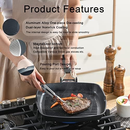 S·KITCHN Grill Pan with Folding Handle, Nonstick Grilling Pan for Stove Tops, Induction Compatible Square BBQ Pan with Pour Spouts - 11 in - Image 3