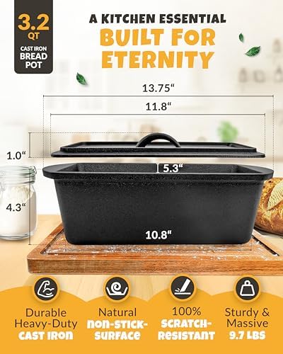 CRUSTLOVE 3.2 QT Pre-Seasoned Rectangular Dutch Oven for Bread Baking Set - Image 3