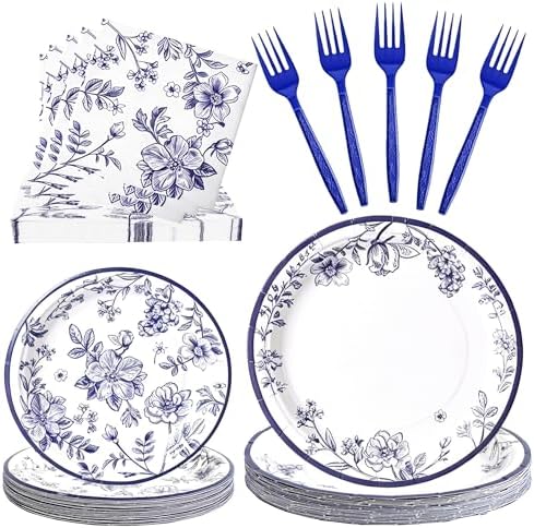 100 Pcs Disposable Blue and White Floral Tableware Set for 25 Guests by COSINIA